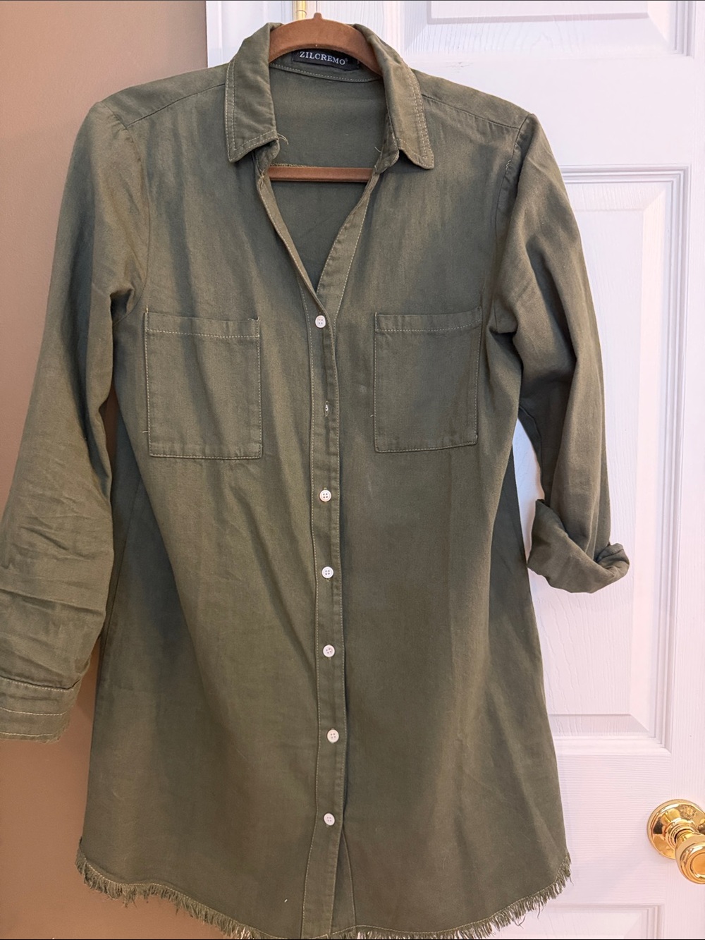 Zilcremo Olive Green Button-Front raw hem Shirt Dress size small